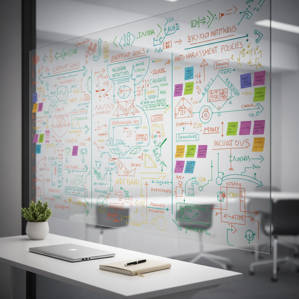 A neatly organized wall-sized glass strategy board fills the frame, covered with multicolored arrows, diagrams, and sticky notes representing leadership goals, inclusion initiatives, and anti-harassment policies, all written in abstract, unreadable symbols to avoid specific text. Below, a single minimalist white standing desk holds a sleek laptop, a closed notebook, and a small, thriving plant. Soft, even studio lighting reflects gently off the glass, creating a subtle glow that highlights interconnected ideas. Shot from a slightly angled side perspective with a shallow depth of field, the foreground details are crisp while the board’s outer edges blur, evoking focused, forward-thinking leadership and a calm, strategic atmosphere in photographic realism.