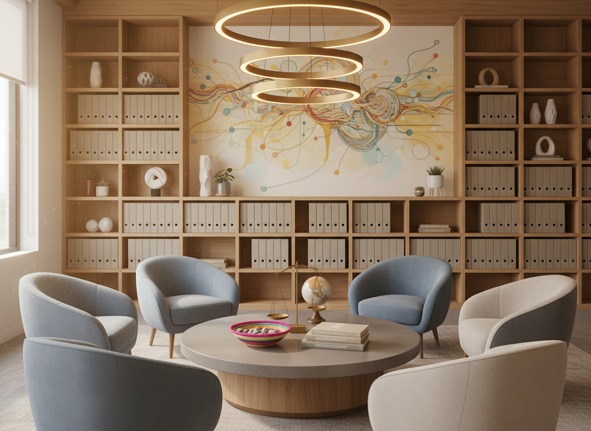 An inviting breakout area in a contemporary office features a circular arrangement of empty upholstered chairs surrounding a low, round coffee table topped with a variety of symbolic objects: a balanced scale sculpture, a small globe, a colorful woven bowl, and a stack of anonymous, unbranded leadership books. The space is framed by tall bookshelves filled with neutral-spined binders and decorative objects, and a large abstract mural hinting at interconnected networks. Warm overhead pendant lights and soft natural light from a nearby window blend to create a welcoming glow. Captured from a slightly elevated angle with sharp focus throughout, the photographic, professional image suggests open dialogue, respect, diversity of thought, and inclusive leadership conversations without depicting people.