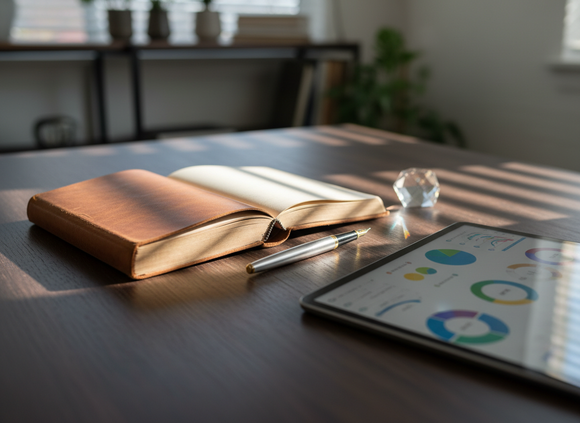 A close-up, eye-level view of a leadership desk scene shows a high-quality wooden desk with a smooth matte finish, holding a central, unmarked leather-bound journal opened to a blank page, a sleek fountain pen resting diagonally across it, and a small, faceted crystal prism casting subtle rainbow refractions nearby. To one side, a tablet displays an abstract dashboard of colorful shapes and graphs representing workplace culture metrics, with details intentionally softened. Gentle morning light streams through unseen blinds, casting linear shadows and highlighting the texture of the journal and desk. The photographic composition uses shallow depth of field so the background office elements blur softly, creating a focused, calm, and reflective mood that suggests intentional leadership, planning, and ethical decision-making.